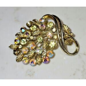 Aurora Borealis Crystal BROOCH Flower Bouquet Pin Granny Core Gold-tone Jewelry